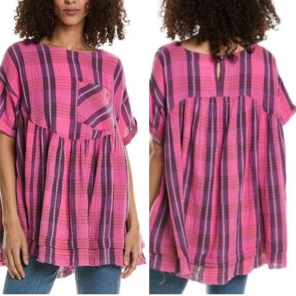 🪗Free people we the free Plaid tunic oversized Pink&Purple Top size-M GUC women